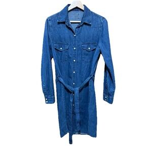 GAP Women's Denim Shirt Dress Pearl Snap Button‎ w Belt Size XS EUC